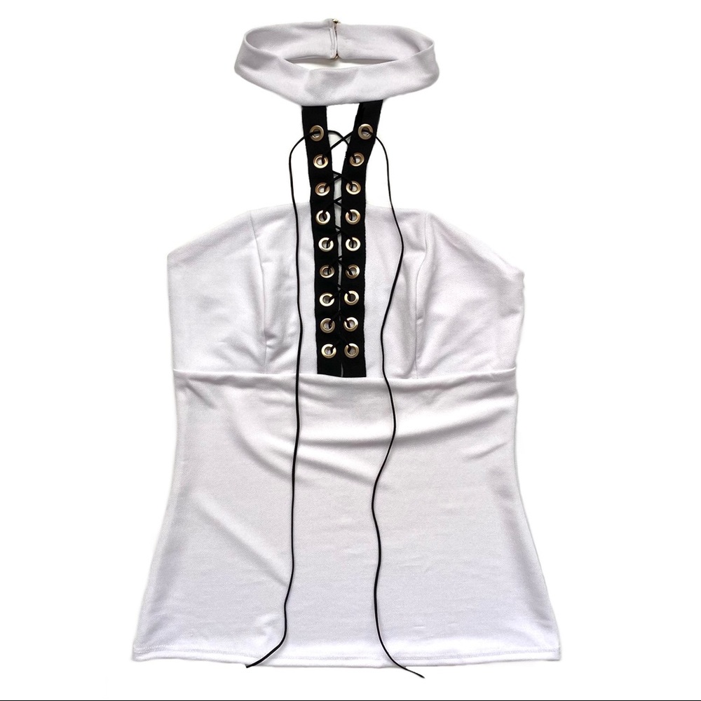 Studio C Sexy White Lace-up Front Sleeveless Tank Top Shirt